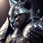 Armored feline warrior with intricate metal plating and focused gaze