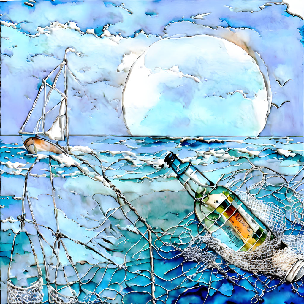 Stylized image of message in a bottle in fishing net on sea with sailboat & moon