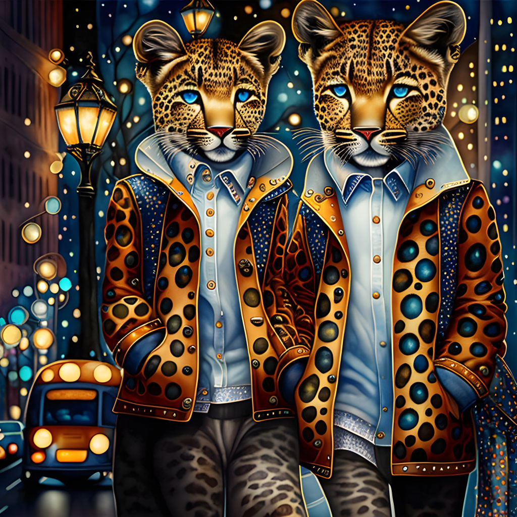 Anthropomorphic leopards in stylish jackets on city street at night