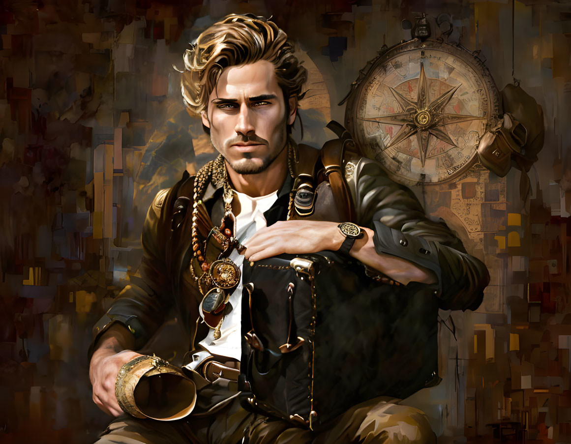 Stylish man with wavy hair and timepieces against compass background