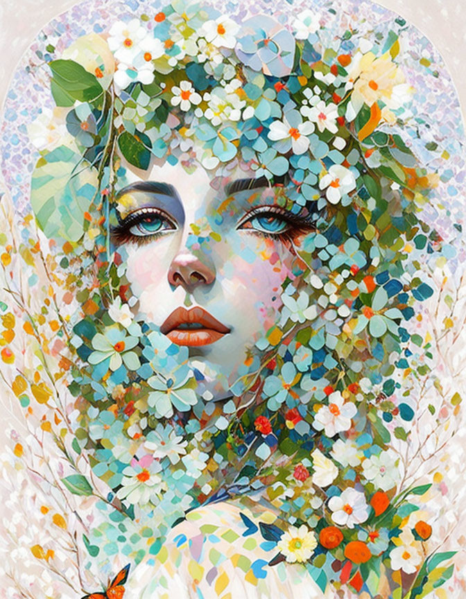 Colorful portrait of woman with face in flower bouquet and butterfly