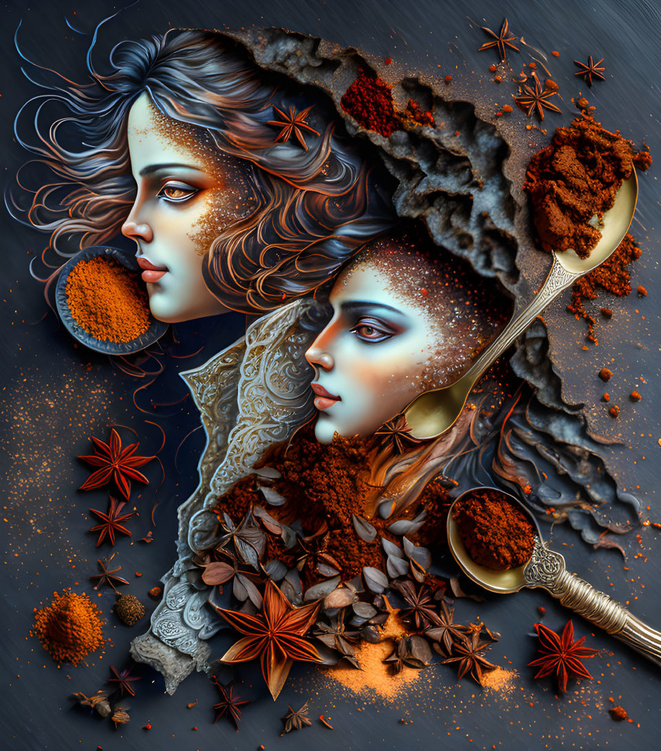 Cosmic-themed artwork: Two women's faces merged with star anise and cinnamon