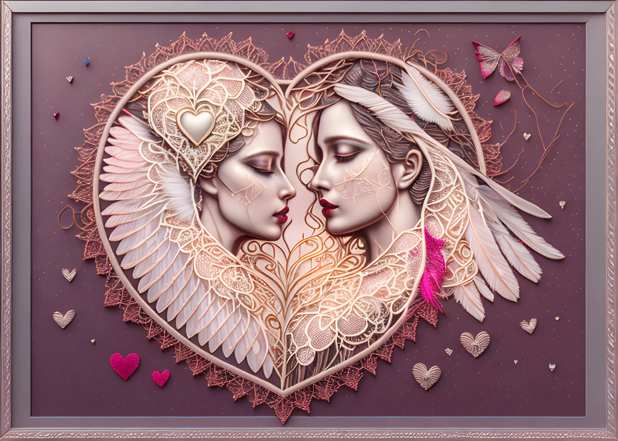 Dual profile faces united in heart shape with wings and butterflies on purple background