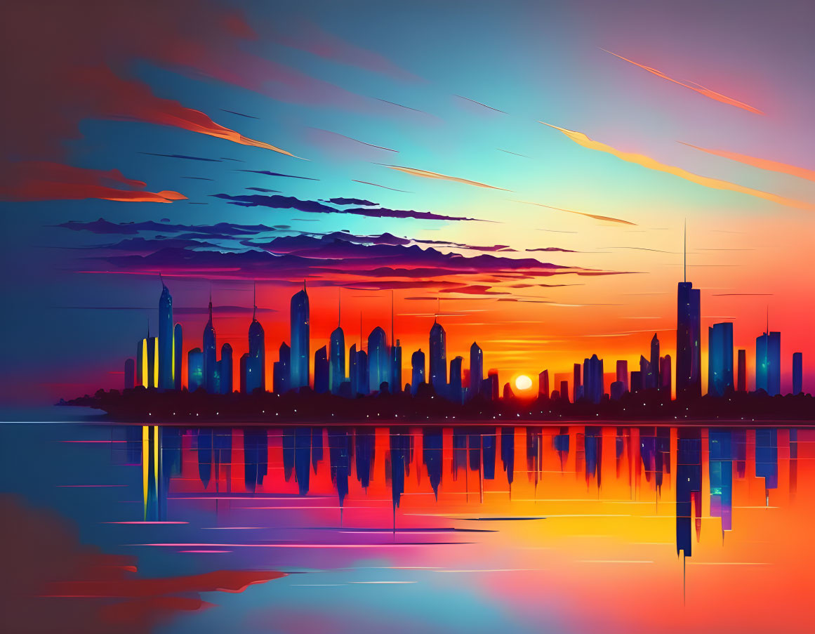 City skyline digital artwork: warm sunset colors, silhouetted skyscrapers, dramatic sky