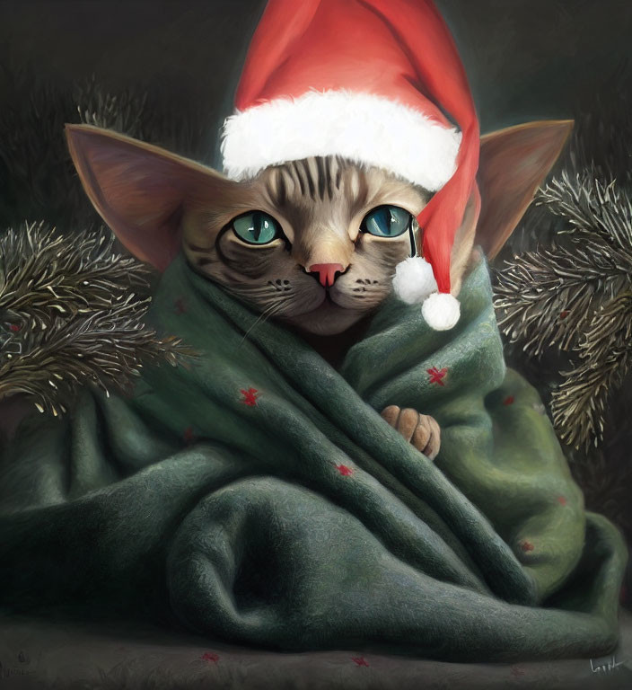 Cute Cat in Santa Hat with Green Eyes and Blanket