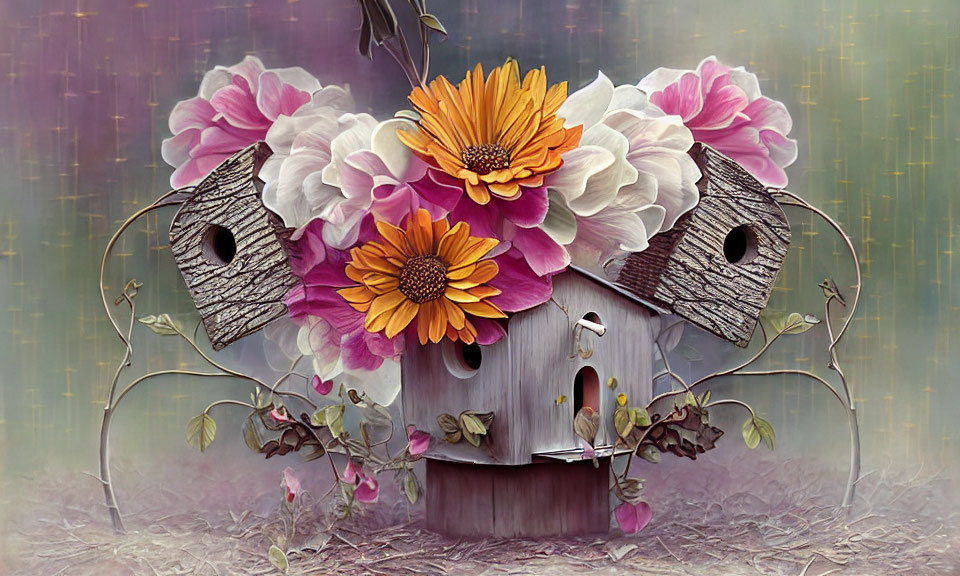 Colorful Birdhouse Illustration with Flower Adorned Facade