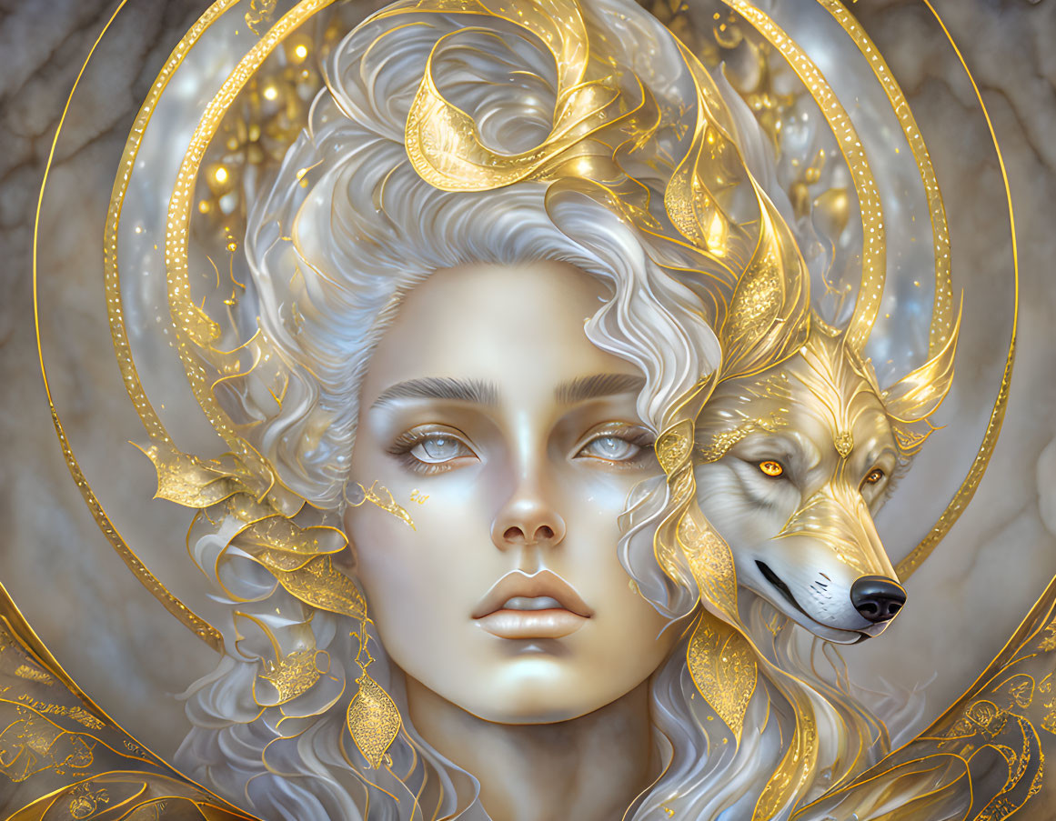 Fantasy illustration of person with white hair and wolf companion in gold accents