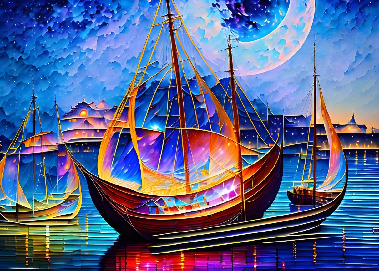 Colorful Artwork: Sailing Ships on Calm Waters with Moonlit Sky