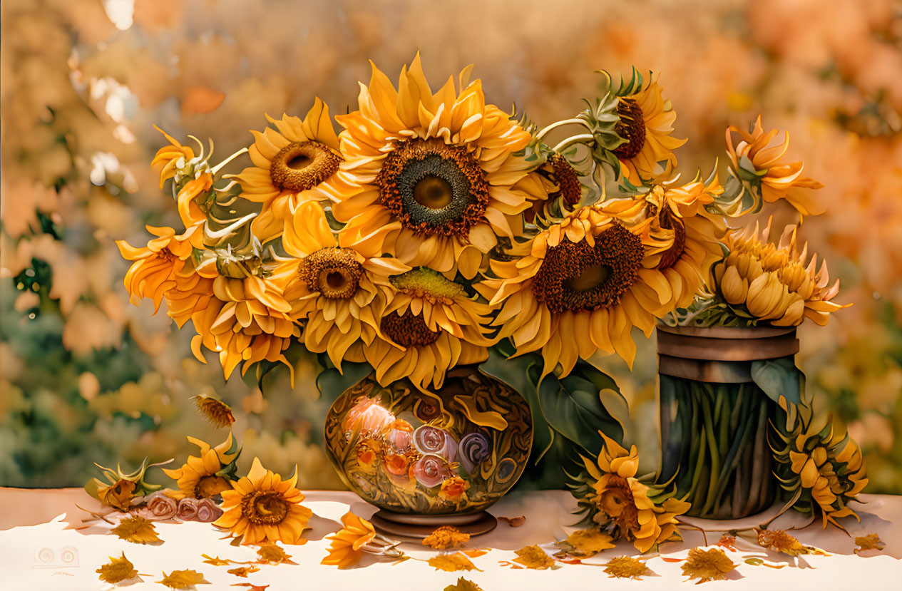 Colorful sunflowers in vase on warm backdrop