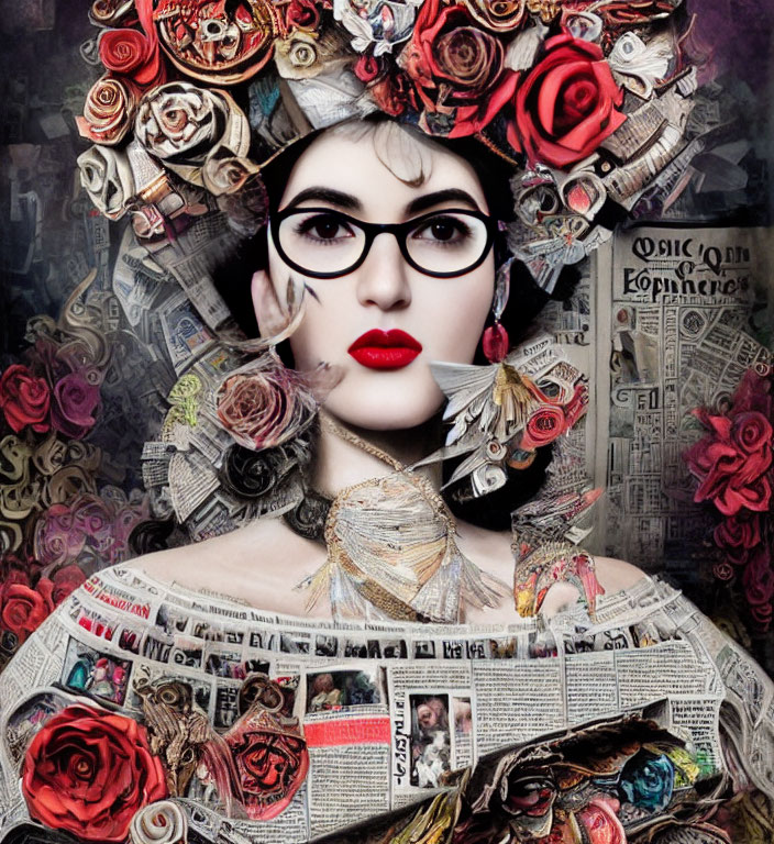 Woman in bold lipstick and glasses with newspaper clothing and floral headdress.