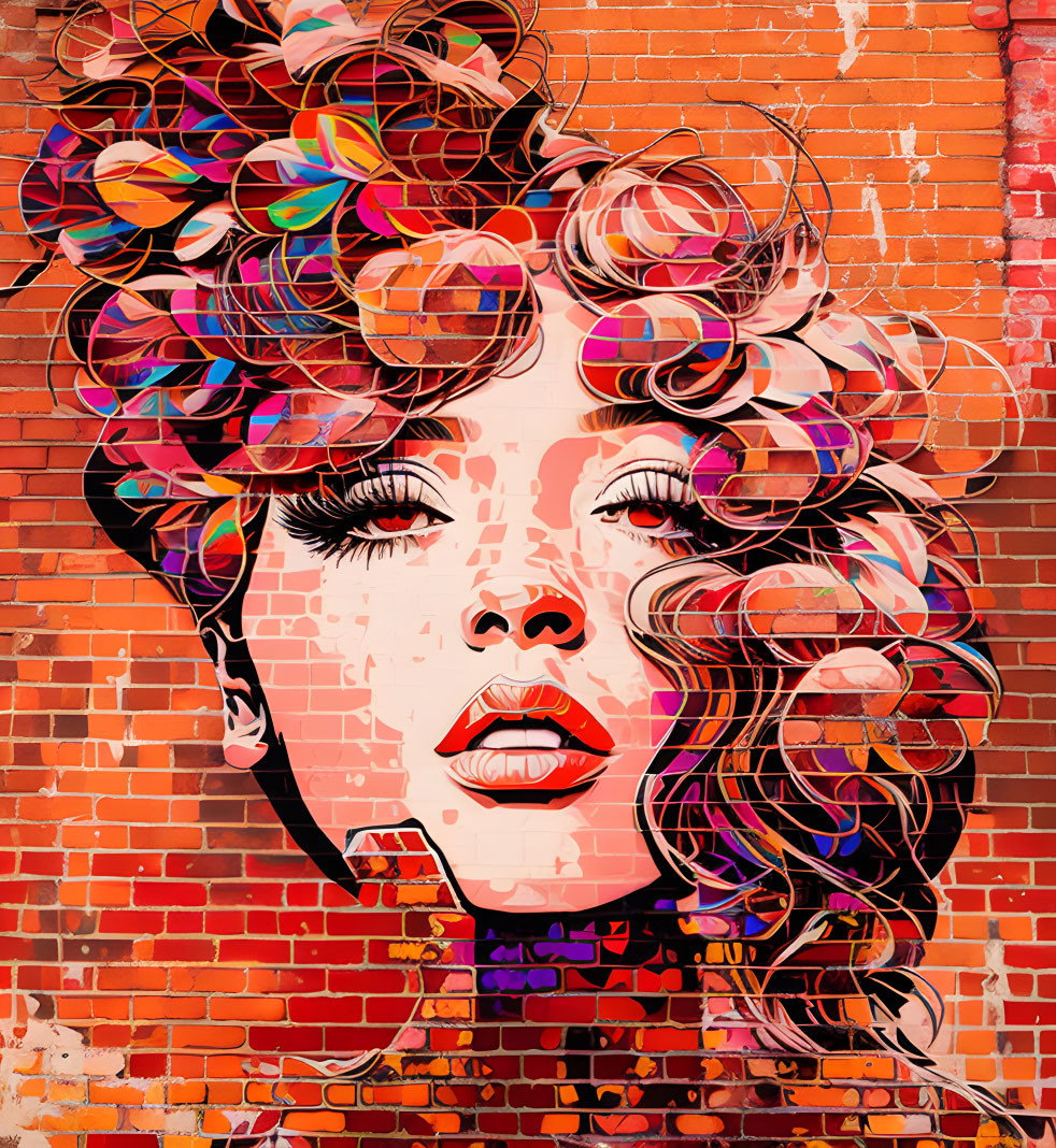 Colorful circles in woman's face mural on brick wall