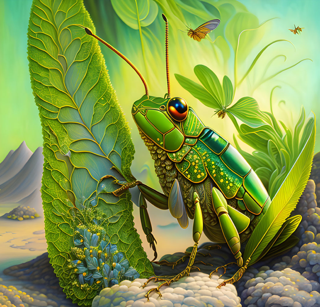 Detailed illustration of green grasshopper in lush foliage with butterfly and insects