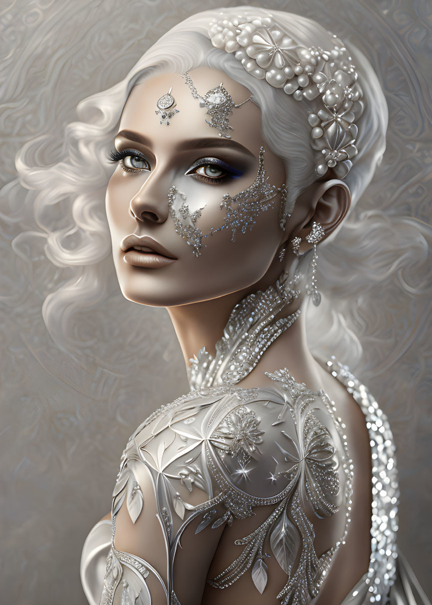 Digital artwork: Woman in silver and white floral body armor with matching jewelry and pearl-accented makeup