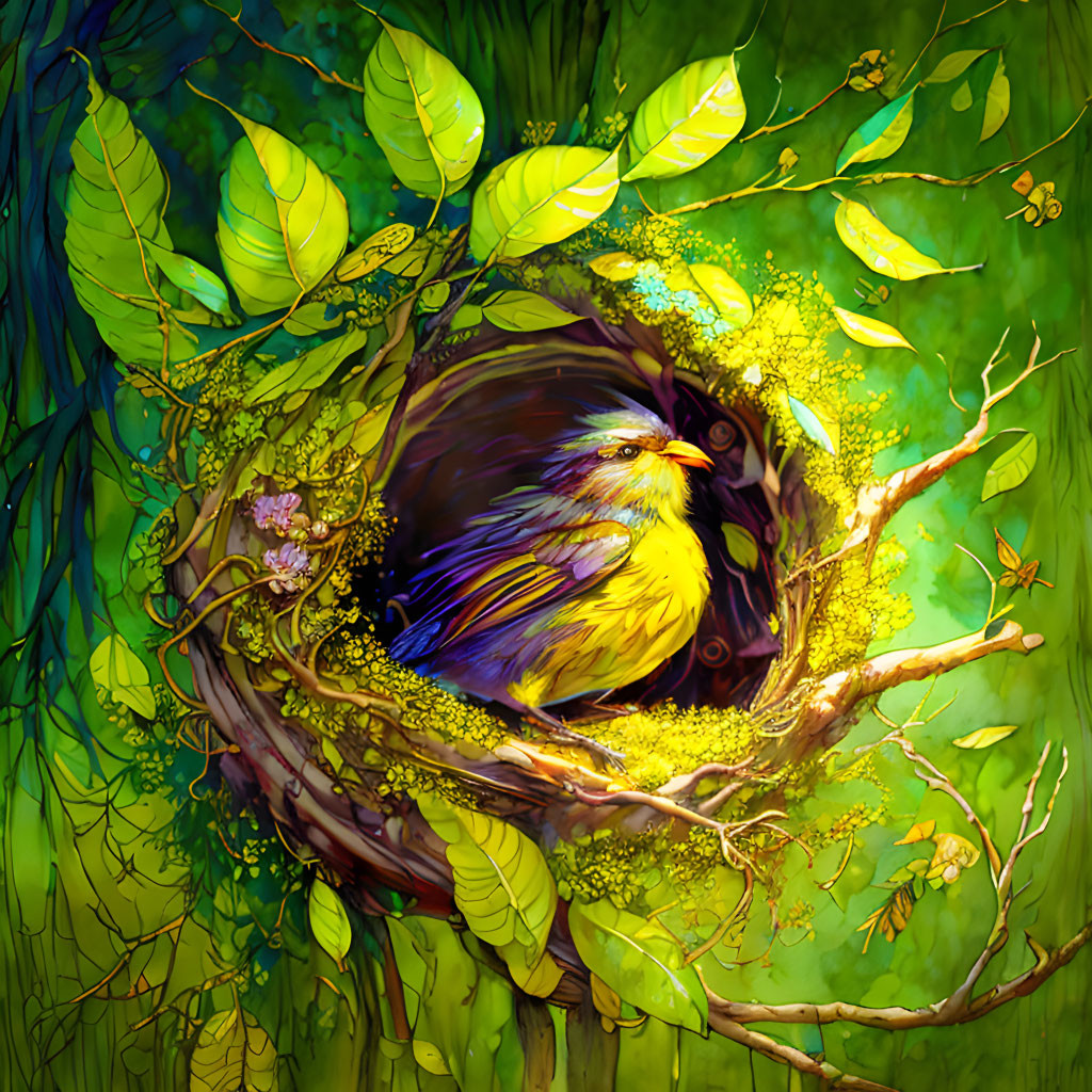 Colorful Bird Nestled in Tree Hollow Surrounded by Green Leaves and Flowers