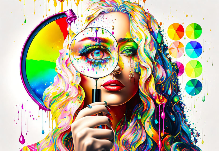 Colorful Psychedelic Portrait of Woman with Dripping Paint and Magnifying Glass