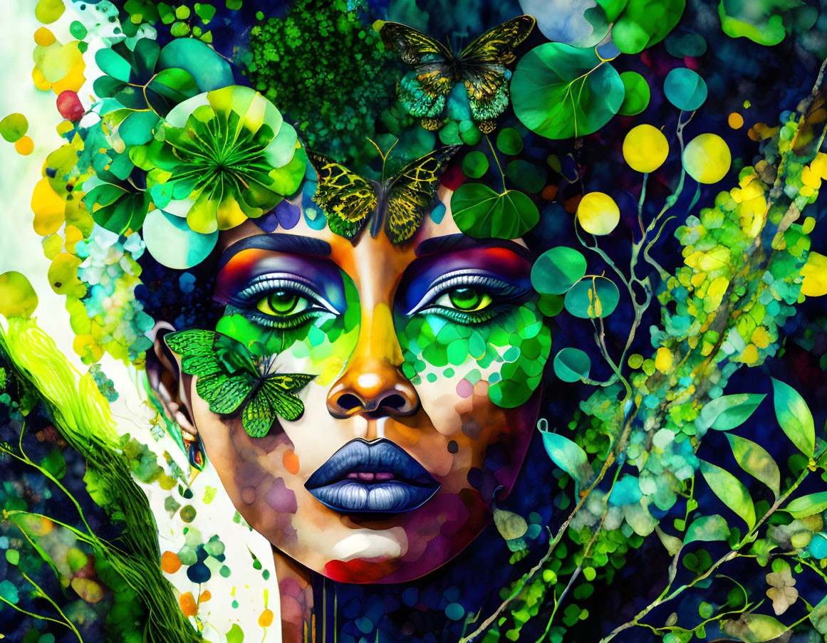 Detailed digital art portrait of woman with greenery complexion and butterfly adornments.