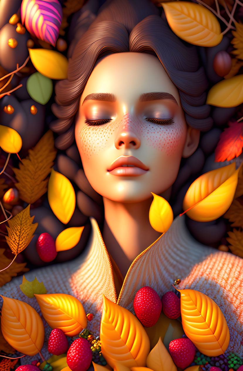 Tranquil digital artwork of woman in autumn setting