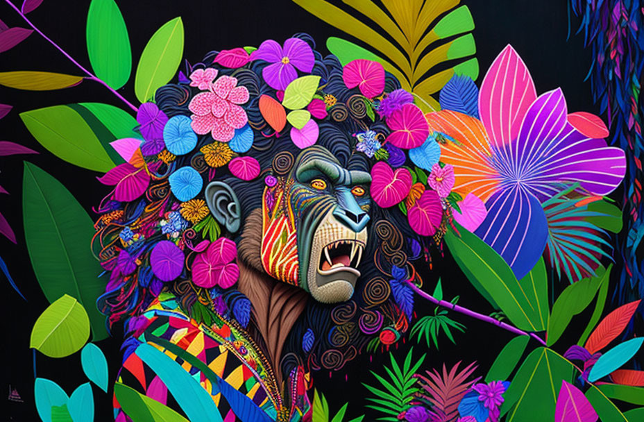 Colorful Lion Artwork with Mane of Tropical Flowers and Leaves