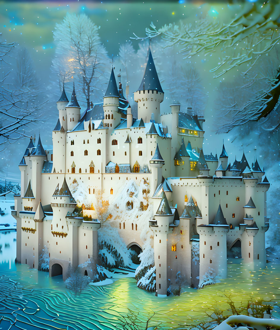 Snow-covered castle in twilight winter scene with illuminated windows