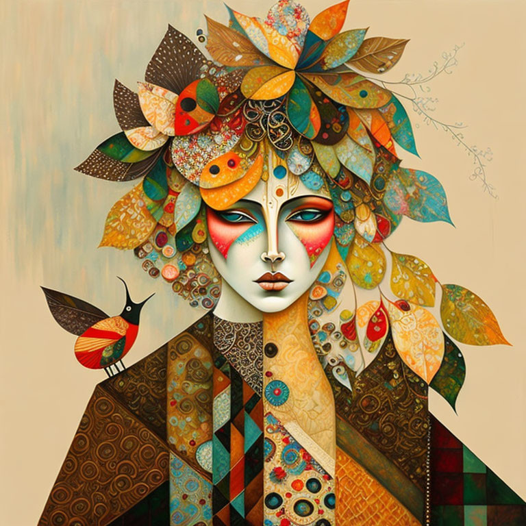 Vibrant stylized figure with ornate headpiece and bird against muted background