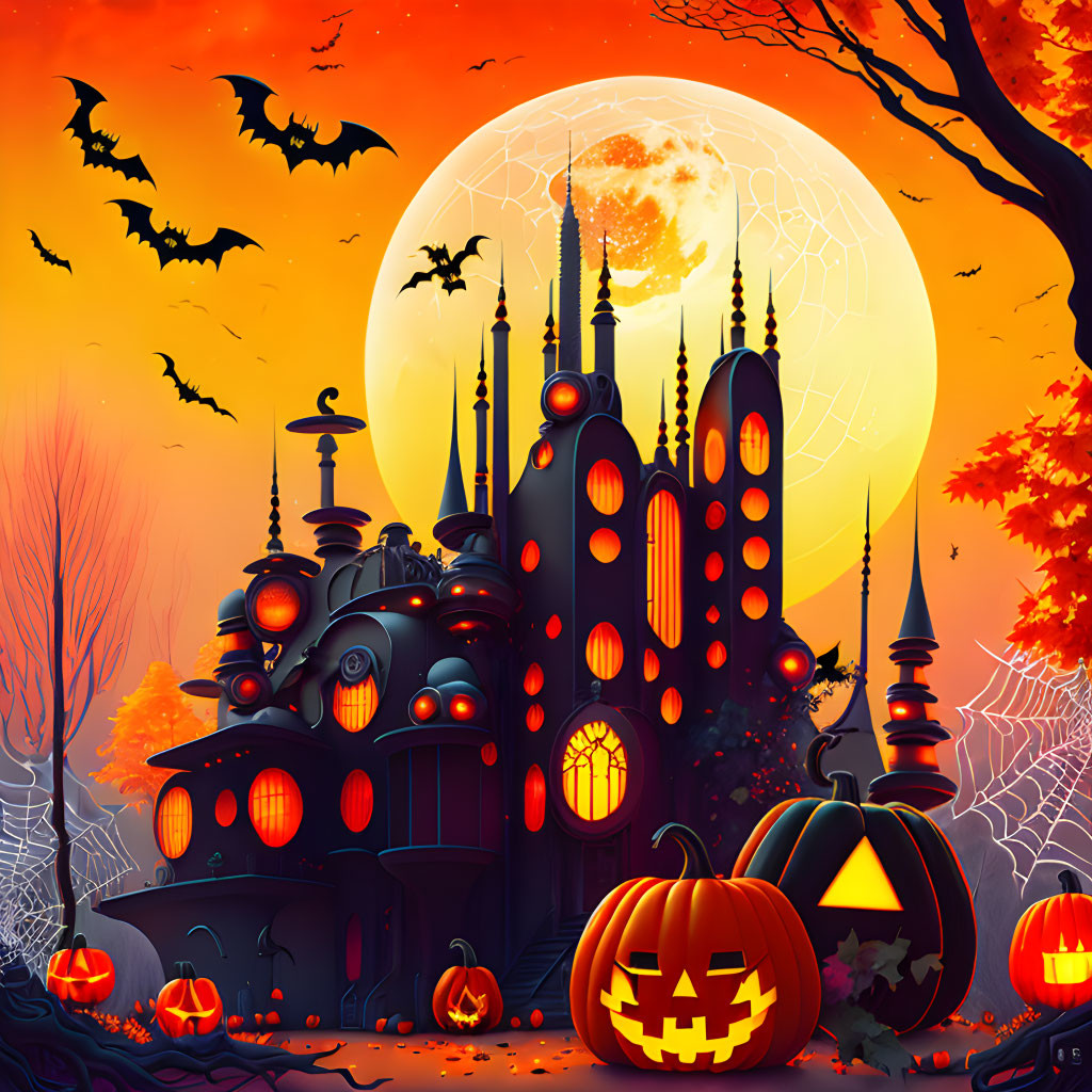 Haunted house, pumpkins, bats, full moon, autumn trees in spooky Halloween scene