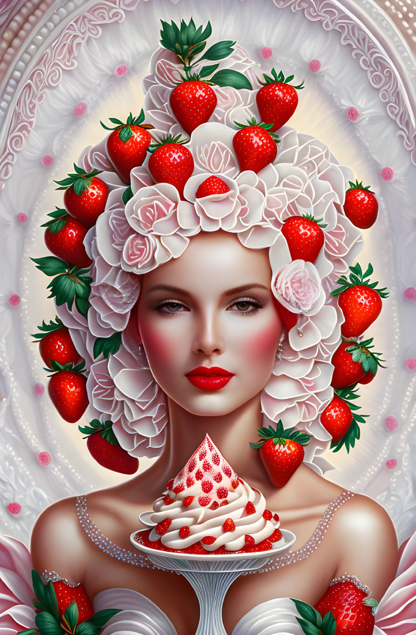 Whimsical woman with strawberry headdress holding dessert cup against ornate background