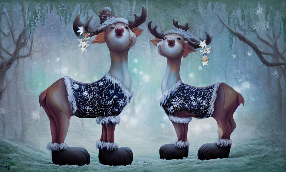 Cartoon reindeer with festive hats in snowy forest