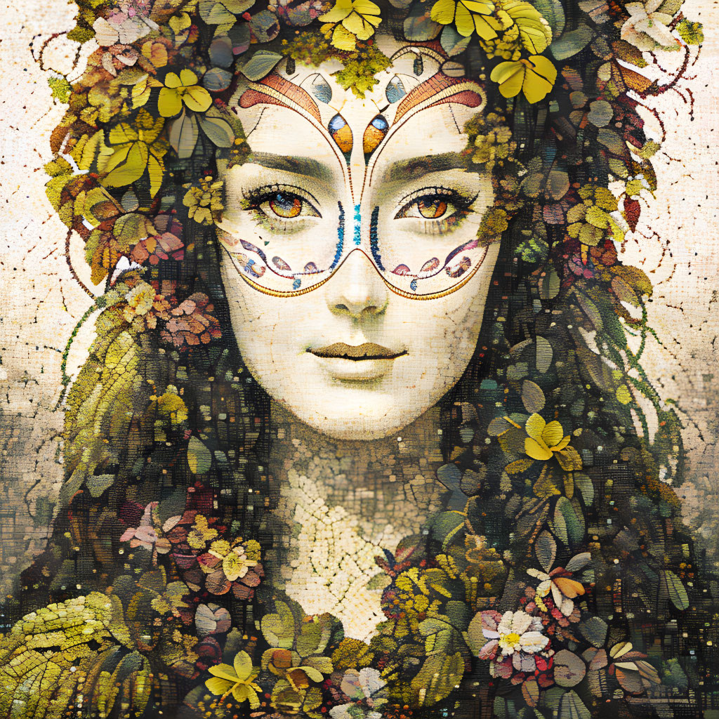 Woman with Floral Headdress and Face Paint Against Textured Background