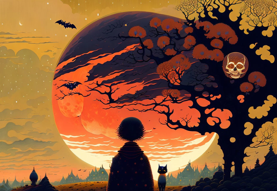 Person and cat view surreal sunset with giant skull, bats, trees, and castle.