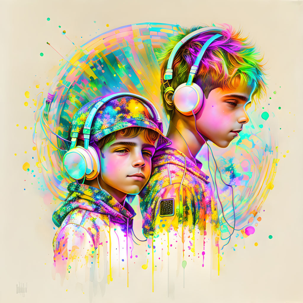 Colorful digital artwork: Two boys in headphones with abstract elements.