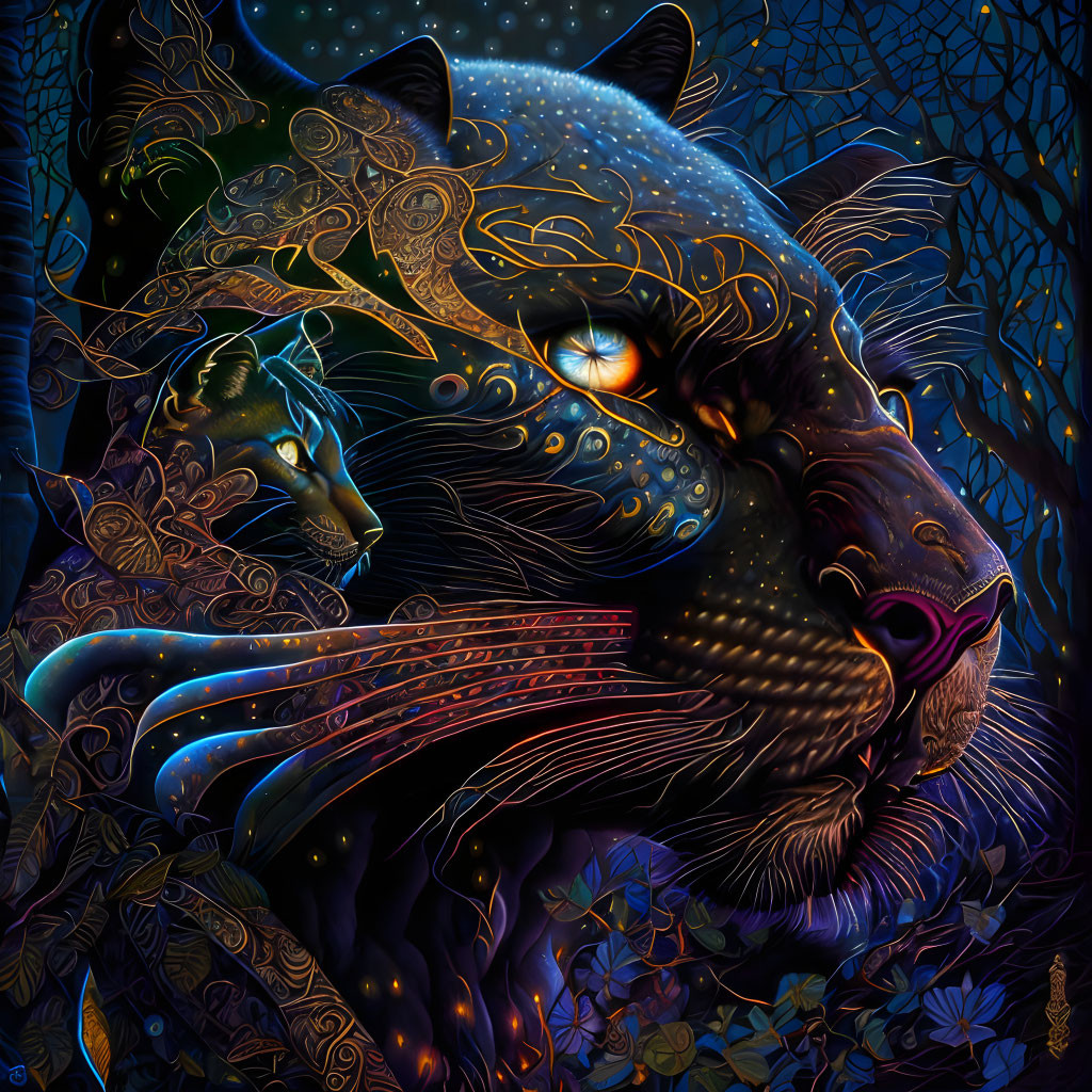 Neon-colored digital artwork of stylized panther with intricate patterns