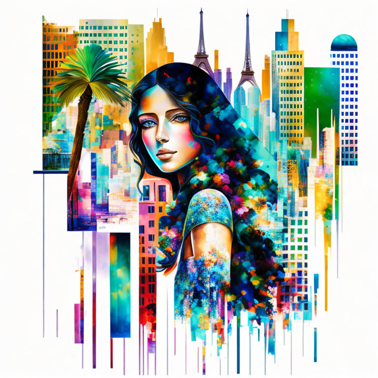 Colorful cityscape blending into woman's face - Skyscrapers, palm trees, Eiff