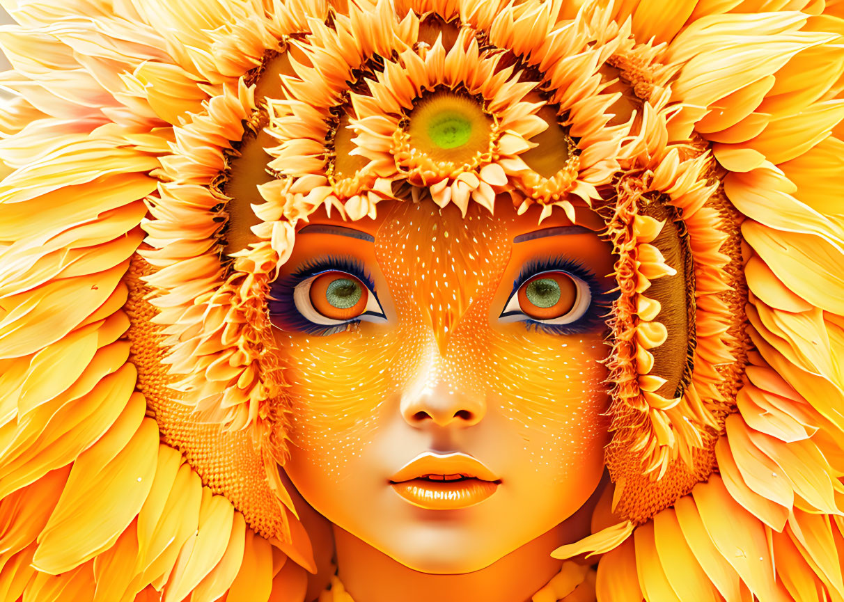 Colorful digital artwork featuring face with yellow and orange flower petals and green eyes