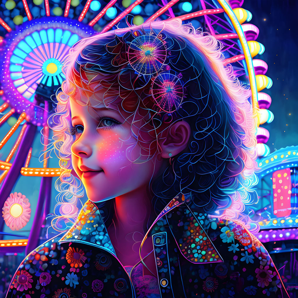 Curly-Haired Child in Neon-Lit Amusement Park Setting