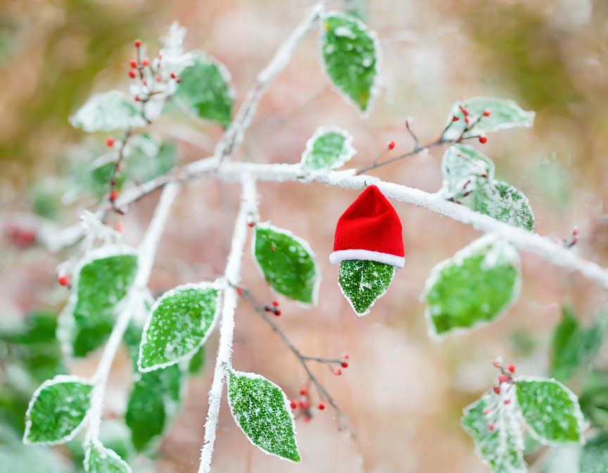 Miniature Santa Claus hat on frost-covered leaf in wintry Christmas scene