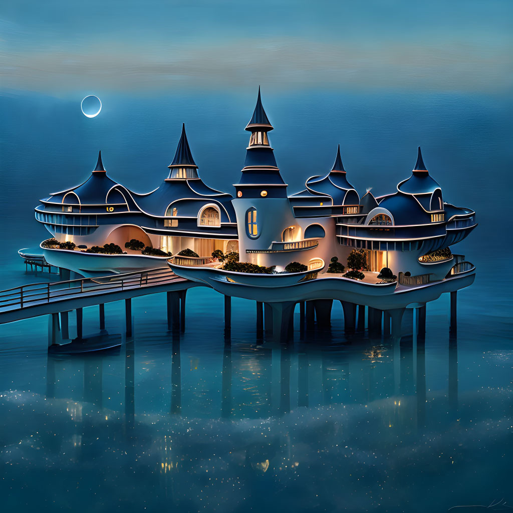 Fantastical castle-like structure on stilts over tranquil waters