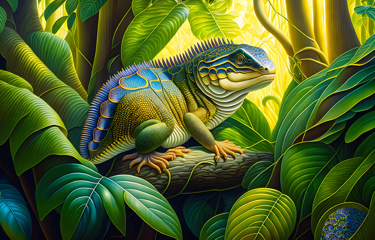 Colorful Green and Yellow Iguana in Tropical Foliage