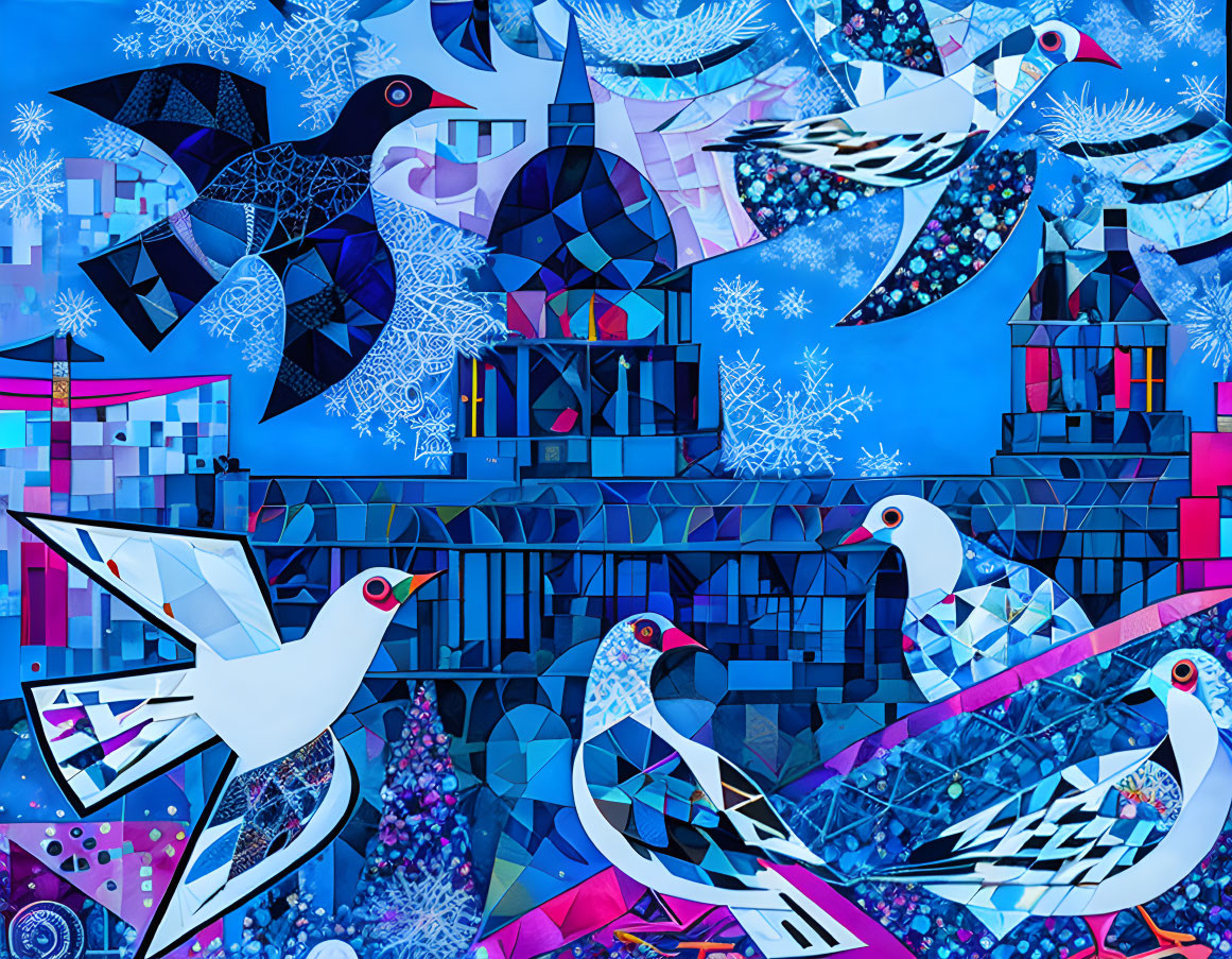 Abstract Blue Bird Art with Geometric Shapes and Snowflake Motifs