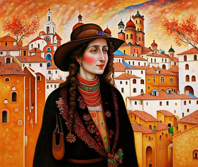 Traditional Attire Woman with Hat in Front of Autumn Scene