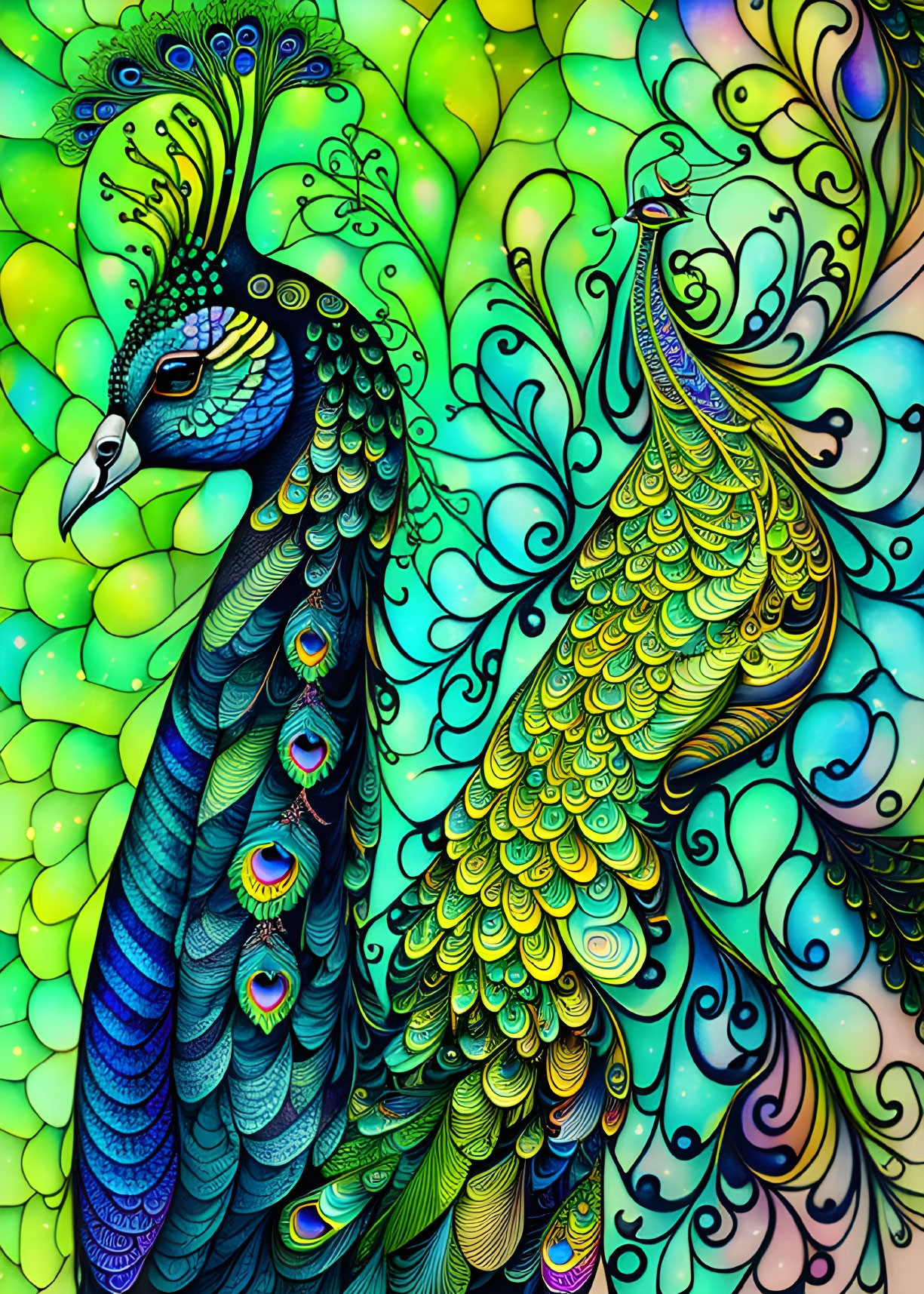 Colorful Peacock Illustration with Elaborate Feather Patterns