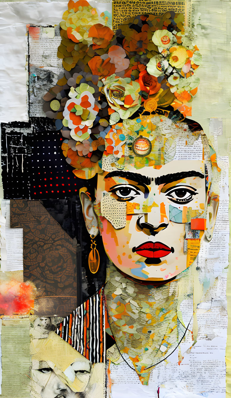 Colorful digital collage of woman with floral elements & textures