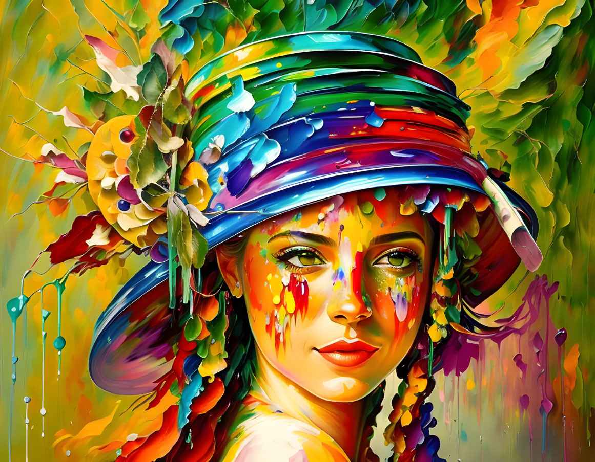 Colorful portrait of a woman with paint streaks on face and hat, set in abstract background