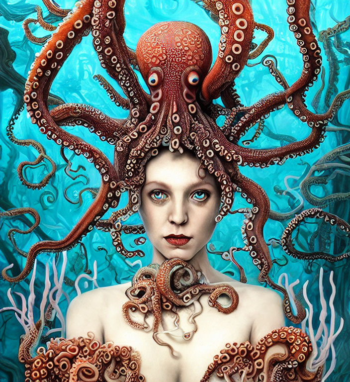 Surreal portrait: person with octopus tentacles, vibrant blue underwater backdrop