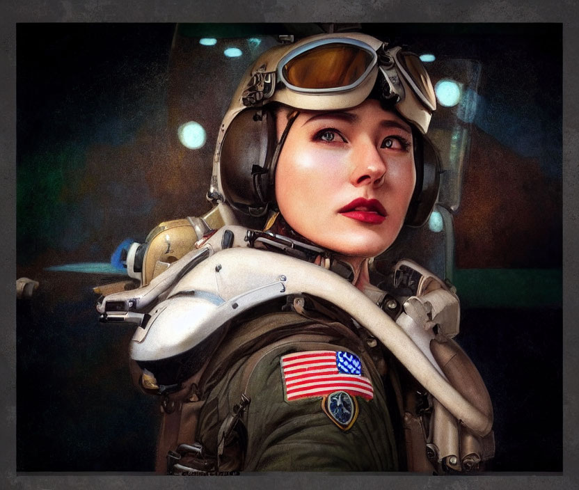 Portrait of Woman in Pilot Helmet and Suit with American Flag Patch