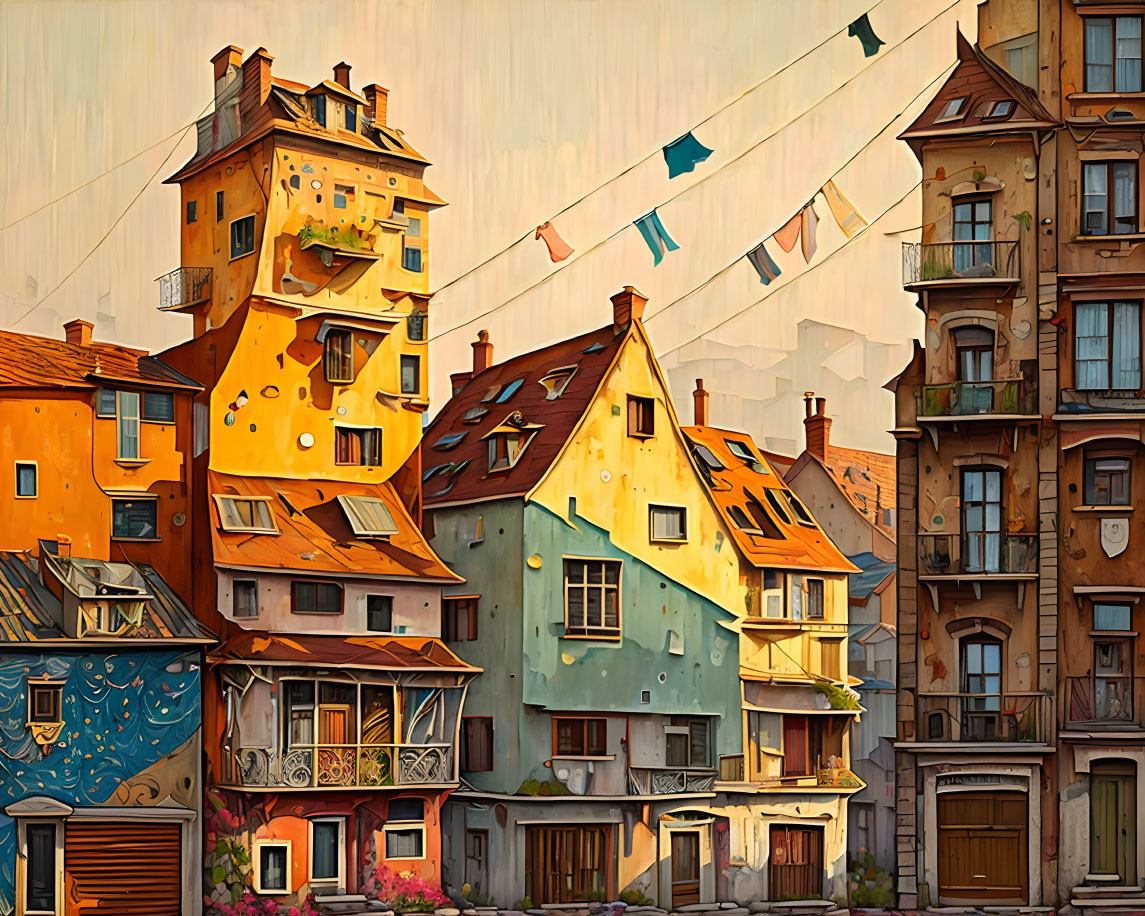 Whimsical illustration of colorful leaning houses with clothes lines