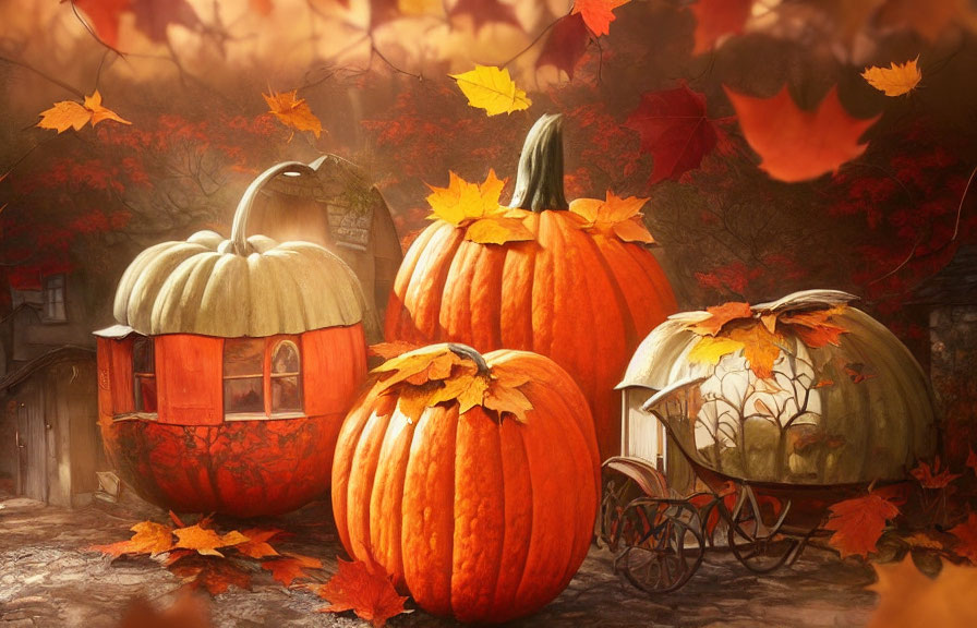 Whimsical Pumpkin Houses in Autumnal Scene