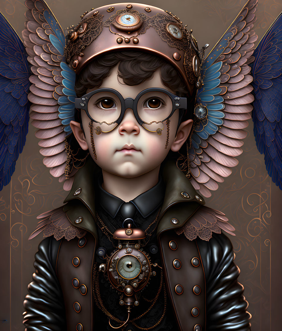 Steampunk-themed child with hat, goggles, mechanical wings, and gear decorations