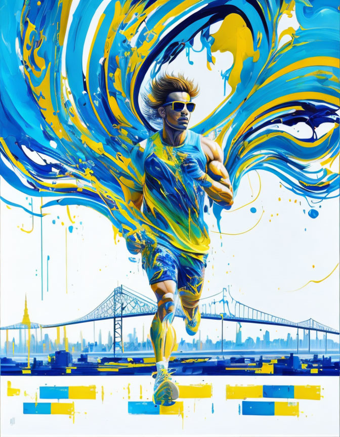 Colorful Runner Illustration with Blue and Yellow Swirls on Bridge Backdrop