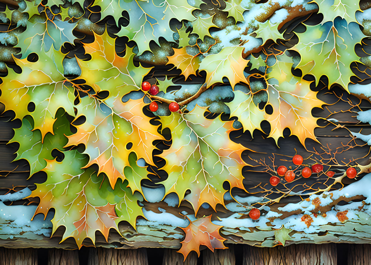 Colorful autumn leaves and red berries illustration: nature's cycle depicted.