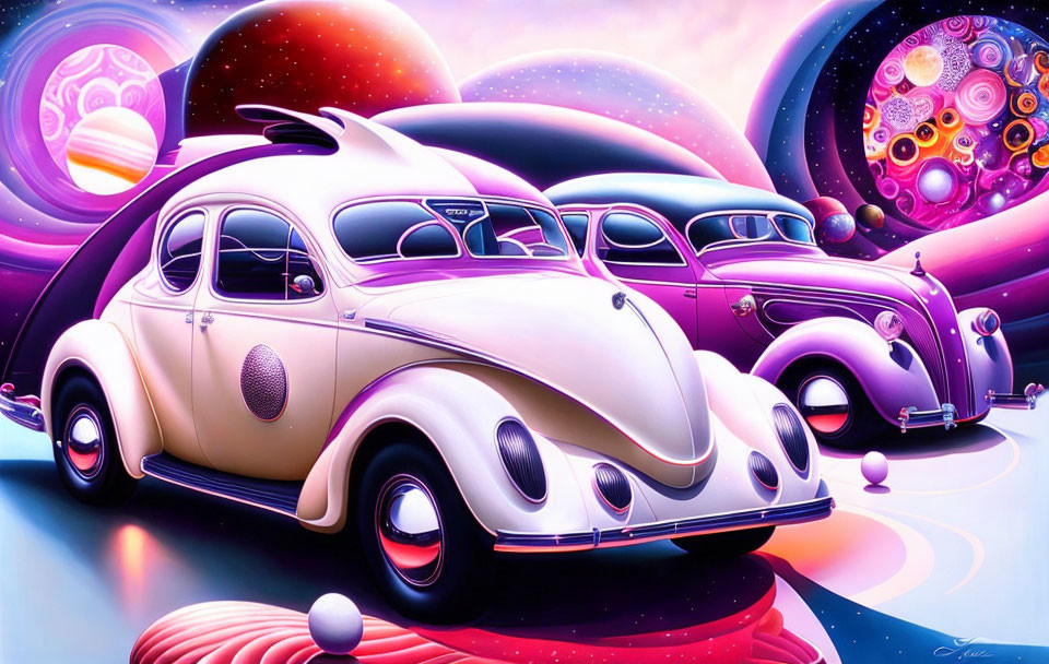 Colorful Volkswagen Beetles in Psychedelic Space Theme